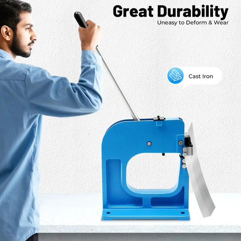 Man using SS-16 Sheet Metal Shrinker Stretcher Manual Tool with 8 inch throat, cast iron build, for ductwork and auto body bends