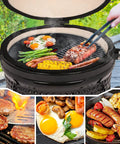 18 Inch Half Moon Cooking Grate And Reversible Griddle For Kamado Joe Classic I II III Large Big Green Egg Vision Grill B11N1A1 Y2A VGKSS-CC2 Stand Alone Solo Stove Grill Heavy Duty Outdoor Kitchen Accessory with assorted grilled food