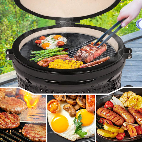 18 Inch Half Moon Cooking Grate And Reversible Griddle For Kamado Joe Classic I II III Large Big Green Egg Vision Grill B11N1A1 Y2A VGKSS-CC2 Stand Alone Solo Stove Grill Heavy Duty Outdoor Kitchen Accessory with assorted grilled food