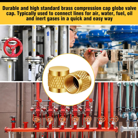 Bulk Pack Of 50 Quarter Inch Flare Brass Valve Caps With Neoprene O Ring Seal For HVAC And Plumbing That Rocks Round Compression Caps Leak Proof Easy Replacement For Refrigerant Lines And Industrial Projects displayed with industrial valve setup