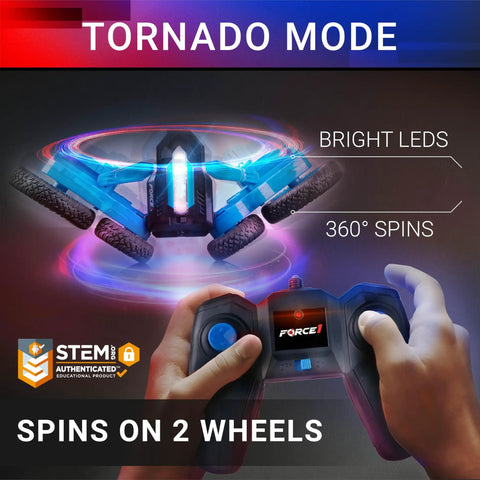Tornado Blue LED Remote Control Car For Kids With Dual Sided Driving And 360 Flips 4WD Off Road Stunts Rad All Terrain Tires