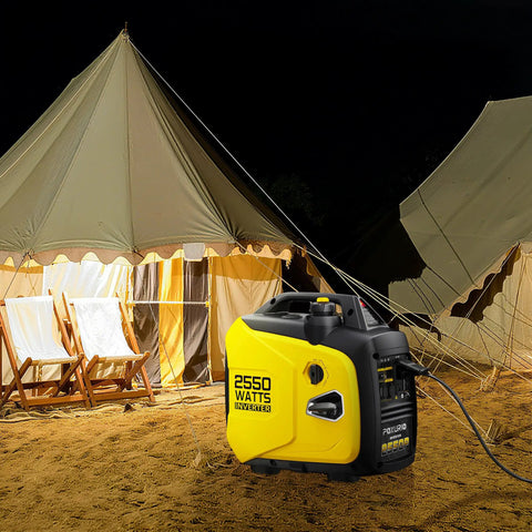2550W Portable Inverter Generator For Home Use with 1.06 Gallon Fuel Tank and up to 10 Hours Runtime 120V near camping tents