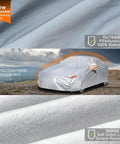 All Weather Waterproof Sedan Car Cover With Zipper Outdoor Full Exterior Shield For Sun Rain Snow UV Protection Fits Like a Glove Verified By Vehicle Size Chart Size A4 See Size Chart shown on a parked car, highlighting the aluminum-silver exterior and soft cotton lining.