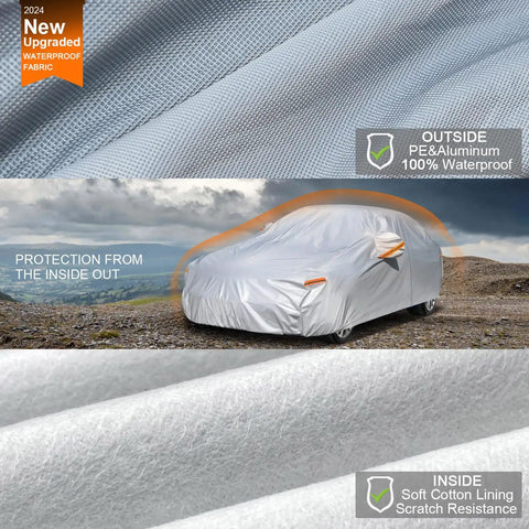 All Weather Waterproof Sedan Car Cover With Zipper Outdoor Full Exterior Shield For Sun Rain Snow UV Protection Fits Like a Glove Verified By Vehicle Size Chart Size A4 See Size Chart shown on a parked car, highlighting the aluminum-silver exterior and soft cotton lining.