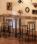 Bar Table With Built In Charging Station, Rectangular Pub Table at Counter Height, Rustic Brown and Black Finish with Stools