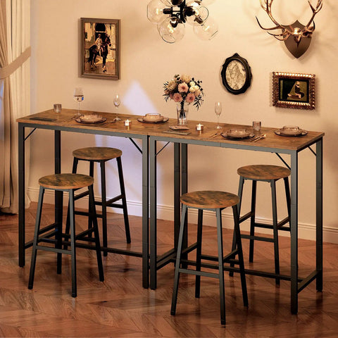 Bar Table With Built In Charging Station, Rectangular Pub Table at Counter Height, Rustic Brown and Black Finish with Stools