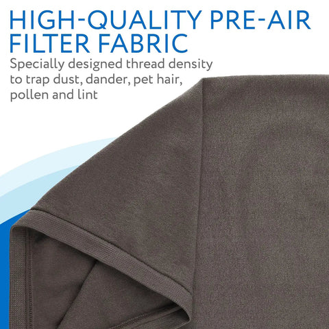 Close-up of dark gray washable pre-filter fabric for Blue Pure 411, highlighting durable nylon spandex material to trap dust and lint.
