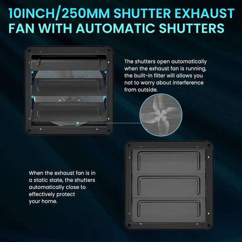 10 Inch Shutter Exhaust Fan With 647 CFM High Airflow, showcasing automatic open and closed shutters
