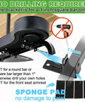 Golf Cart Rear Seat Arm Rest Kit With Cup Holder Black Universal Fit For EZGO Club Car And Yamaha Drilling Required Or No Drilling Easy Install Durable Plastic Base Plate For Long Lasting Use, installation instructions showing no drilling required for 1 inch square bar, sponge pad included for paint protection