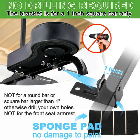 Golf Cart Rear Seat Arm Rest Kit With Cup Holder Black Universal Fit For EZGO Club Car And Yamaha Drilling Required Or No Drilling Easy Install Durable Plastic Base Plate For Long Lasting Use, installation instructions showing no drilling required for 1 inch square bar, sponge pad included for paint protection