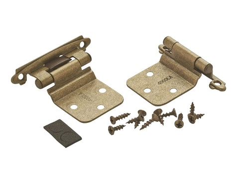 Burnished Brass Face Frame Cabinet Hinge Set With Variable Overlay And Reverse Bevel 30 Degree Self Closing Beefy Heavy Duty Steel 2 Pack For Cabinet Doors Easy Install, shown with screws and hardware.
