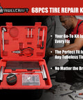 68-Piece All-in-One Heavy Duty Pro Grade Tire Plug Kit With Pressure Gauge, Spiral Probe And Tools, in Red Hard Case