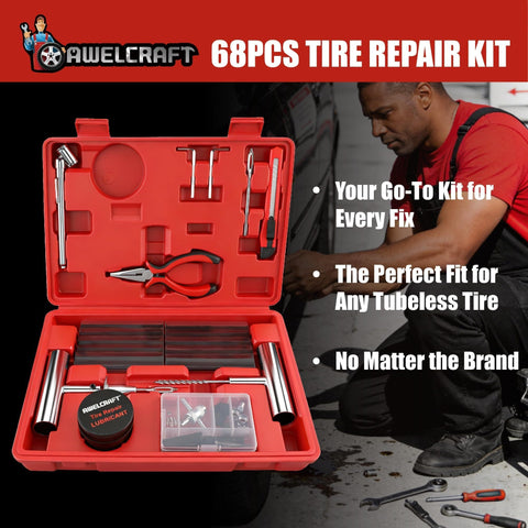 68-Piece All-in-One Heavy Duty Pro Grade Tire Plug Kit With Pressure Gauge, Spiral Probe And Tools, in Red Hard Case