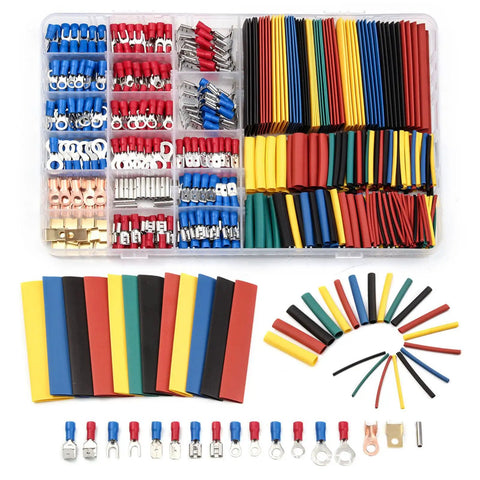 Heavy Duty 678 Piece Crimping Tool Kit With Assorted Cold Press Terminals And Heat Shrink Tubing For Electrical Wiring Projects. Various terminals and tubing in storage case.