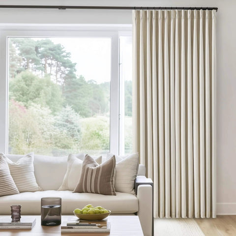 Cozy Pleated Cream Beige Linen Blackout Curtains For Bedroom 90 Inch Length 2 Panels in neutral farmhouse living room