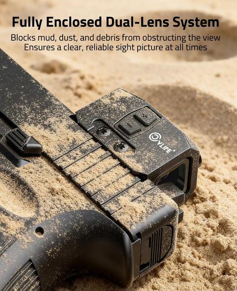 Solar Enclosed Red Dot Sight For ACRO Style Builds, 2 MOA Dot With 36 MOA Circle, Dual-Lens Enclosure Keeps Hellish Dust Out, Shock Resistant, Mud And Debris Guard, Quick Target Acquisition, All-Weather Precision on a sand-covered black sight body
