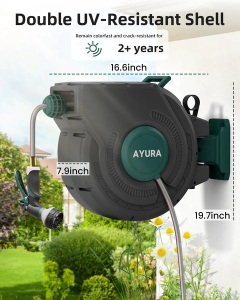 Retractable Garden Hose Reel 100 Feet One Half Inch With Pro Metal Shaft Tough As Nails Heavy Duty Automatic Rewind Kink Free Lock At Any Length Wall Mount Outdoor Water Hose Organizer, attached to wall in garden