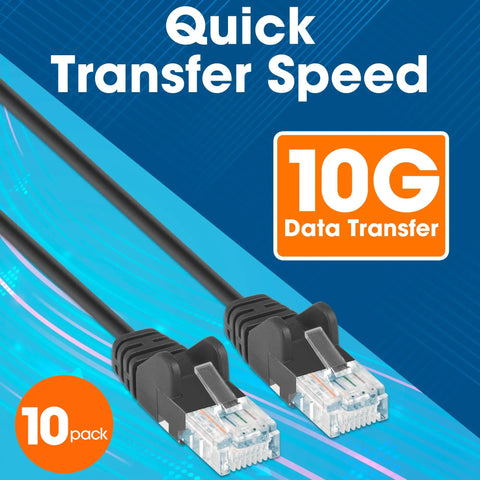 Slim Cat6 Ethernet Patch Cable 3ft 10 Pack Snagless Boot High Speed Network Cable 10Gbps 250MHz Black
