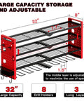Power Tool Organizer Wall Mount For Workshop And Garage, 4 Layer Cordless Drill Organizer Rack With 3 Fixed And 1 Adjustable Layer, Large Capacity Tool Storage Holds Up To 8 Drills Red, side view with dimensions
