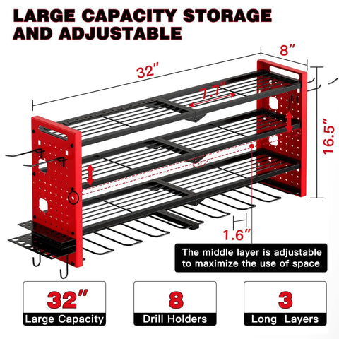 Power Tool Organizer Wall Mount For Workshop And Garage, 4 Layer Cordless Drill Organizer Rack With 3 Fixed And 1 Adjustable Layer, Large Capacity Tool Storage Holds Up To 8 Drills Red, side view with dimensions