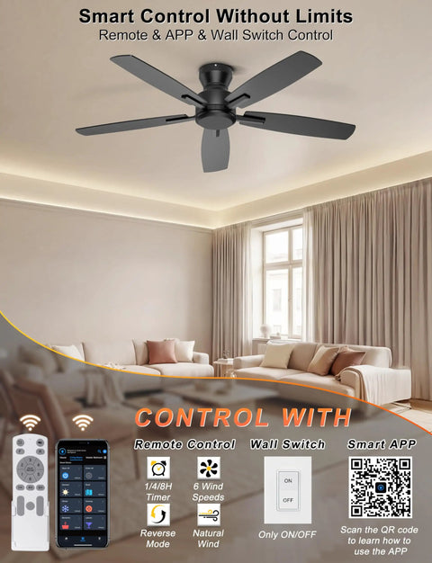 Low Profile 52 Inch Ceiling Fan With Remote And App Control No Light Black Finish shown in modern living room