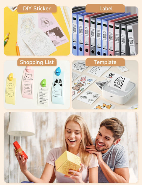 Portable Sticker Printer Grab And Go Mini Bluetooth Thermal Inkless Printer For iPhone And Android Pocket Label Maker For Barcodes Labels DIY Journaling Kids Gift Gray shown with DIY stickers, labels, and templates.