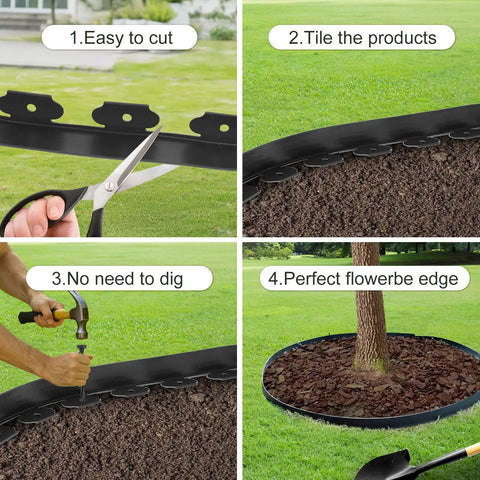 Easy Cut 1.5 Inch By 100 Ft Garden Edging Kit With 90 Spikes Flexible Plastic Lawn Border installation steps depicted.