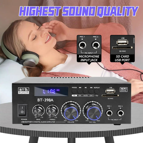 BT398A Stereo Amplifier Receiver With Bluetooth USB SD FM Radio Optical And Coaxial Inputs 900W Peak Power device and features