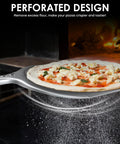 12-inch aluminum perforated pizza peel with hanging hook; lightweight turning paddle for outdoor pizza ovens.