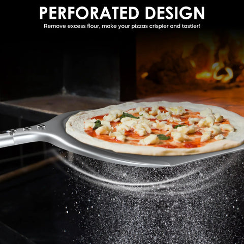 12-inch aluminum perforated pizza peel with hanging hook; lightweight turning paddle for outdoor pizza ovens.
