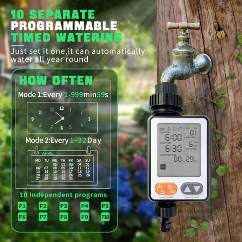 No Fuss Sprinkler Timer For Garden Hose With 10 Programmable Watering Programs and 3.3 Inch Large LCD display next to faucet.