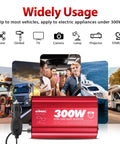 300W Pure Sine Wave Car Power Inverter With PD 30W Type C And QC 3.0 USB showcased with vehicles and travelers