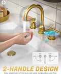 Person washing hands under Gold 3 Hole Widespread Bathroom Faucet With 8 Inch Centers Two Handle Brass Vanity Tap Antique Style With Pop Up Drain