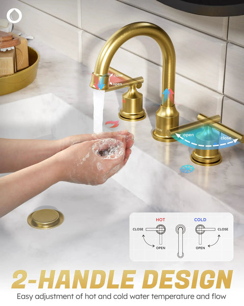 Person washing hands under Gold 3 Hole Widespread Bathroom Faucet With 8 Inch Centers Two Handle Brass Vanity Tap Antique Style With Pop Up Drain