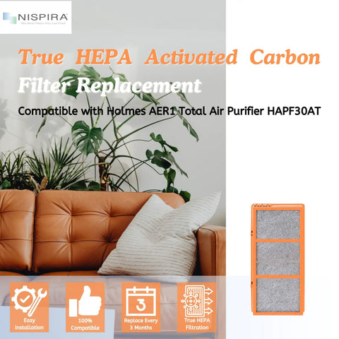 3 In 1 HEPA Filter Replacement For Smoke Grabber Holmes Air Purifier HAPF30AS U4R shown next to cozy living room scene