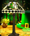 Irish Tiffany Style Table Lamp With Stained Glass Shade, Bronze Metal Base, E26 Bulb Holder, 18 Inch Tall, 12 Inch Shade, UL Listed