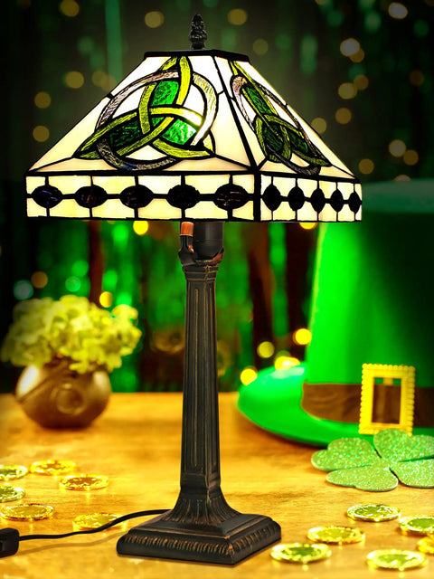 Irish Tiffany Style Table Lamp With Stained Glass Shade, Bronze Metal Base, E26 Bulb Holder, 18 Inch Tall, 12 Inch Shade, UL Listed