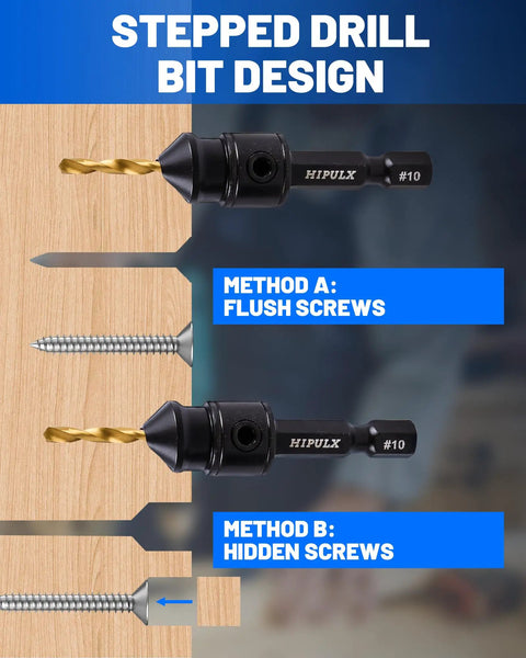 Stepped drill bit design showing use for flush and hidden screws in woodworking