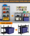 14 Inch Deep 36 Inch Wide 5 Tier Heavy Duty Steel Shelving Rack for Industrial Garage Storage, showing height adjustment feature.