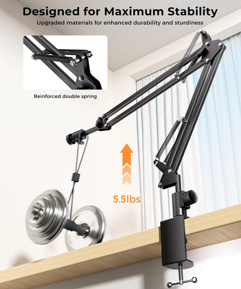 Built Different Overhead Camera Mount With Flexible 360 Ball Head Boom Arm showing reinforced double spring, holding 5.5lbs.