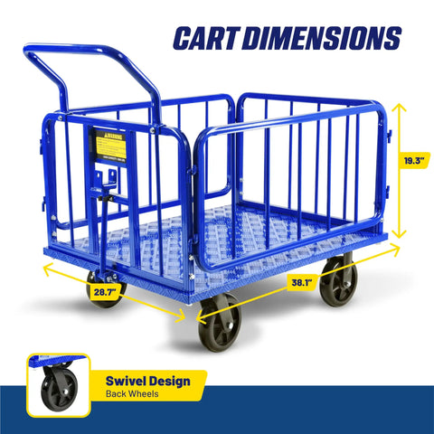 Heavy Duty Goodyear Cargo Trailer With 1200 Lbs Capacity, Aluminum Utility Cart showing cart dimensions and swivel design.