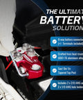 Beefed-Up 8-Way Battery Terminal Connector Kit With Positive And Negative Set For SAE DIN EN Tapered Top Post Compatible With 8AWG To 40 AWG Includes OEM Top Post Adapter And Top Mounted Distribution Block For Easy Vehicle Electrical Upgrades installed on red battery terminal
