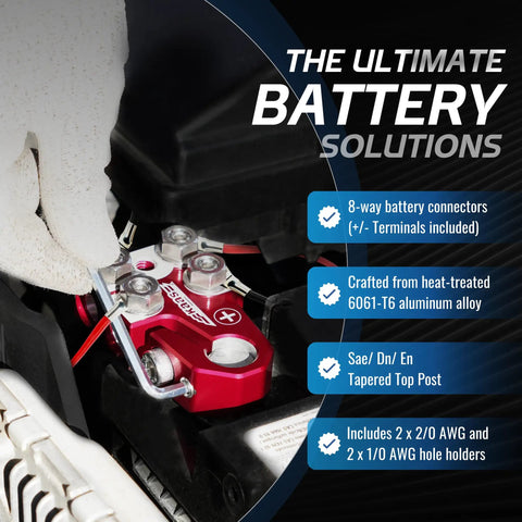 Beefed-Up 8-Way Battery Terminal Connector Kit With Positive And Negative Set For SAE DIN EN Tapered Top Post Compatible With 8AWG To 40 AWG Includes OEM Top Post Adapter And Top Mounted Distribution Block For Easy Vehicle Electrical Upgrades installed on red battery terminal