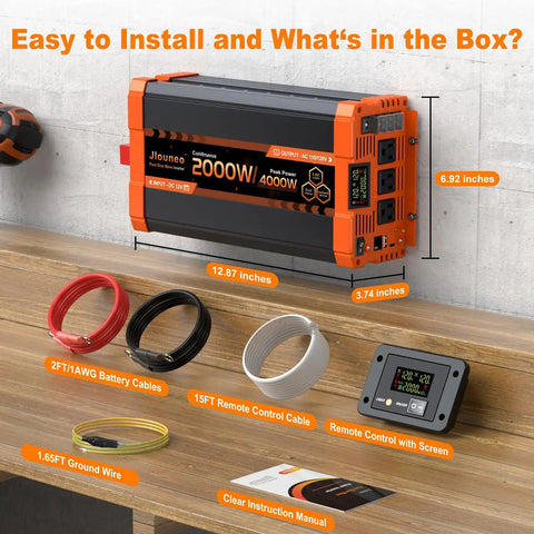 Image of 2000W Beast Pure Sine Wave Inverter 12V DC To 110V 120V AC Power Converter with accessories and dimensions shown.