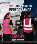 Dope Bright Pink Hi Vis Reflective Safety Vest With Front Zipper And Radio Mic Loop Lightweight Polyester Workgear Built Tough And Ready For The Daily Grind worn by a woman outdoors showing back features.