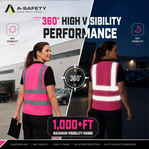 Dope Bright Pink Hi Vis Reflective Safety Vest With Front Zipper And Radio Mic Loop Lightweight Polyester Workgear Built Tough And Ready For The Daily Grind worn by a woman outdoors showing back features.