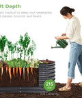 Woman watering plants in 8x2x2ft Oval Outdoor Metal Raised Garden Bed For Vegetables And Herbs Deep Root Planter Holds Up To 215 Gallons With 4 Support Bars And Six Configurations No Bottom Panel