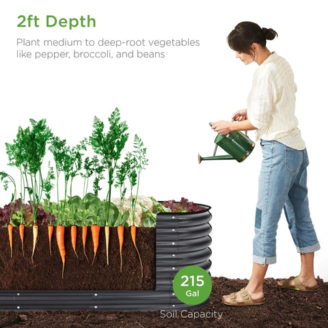 Woman watering plants in 8x2x2ft Oval Outdoor Metal Raised Garden Bed For Vegetables And Herbs Deep Root Planter Holds Up To 215 Gallons With 4 Support Bars And Six Configurations No Bottom Panel