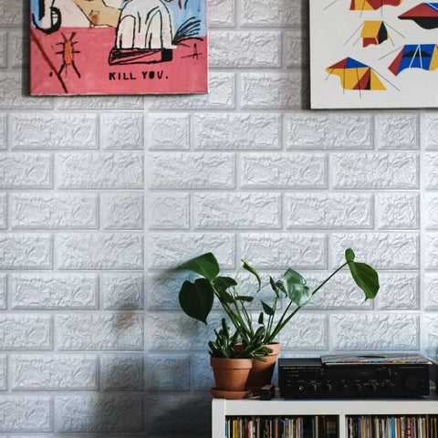 Room with Peel And Stick 3D Foam Faux Brick Wall Panels White, Waterproof Self Adhesive Brick Wallpaper and decor items.