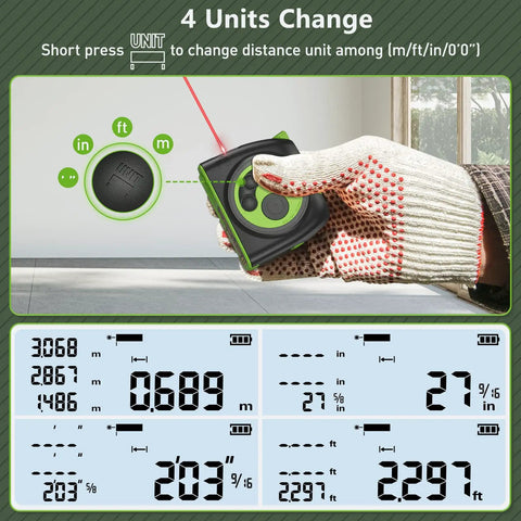2 In 1 Laser Tape Measure With 197Ft Laser Range And 16Ft Tape Backlit LCD Movable Hook Pythagorean Area Volume Unit Switch